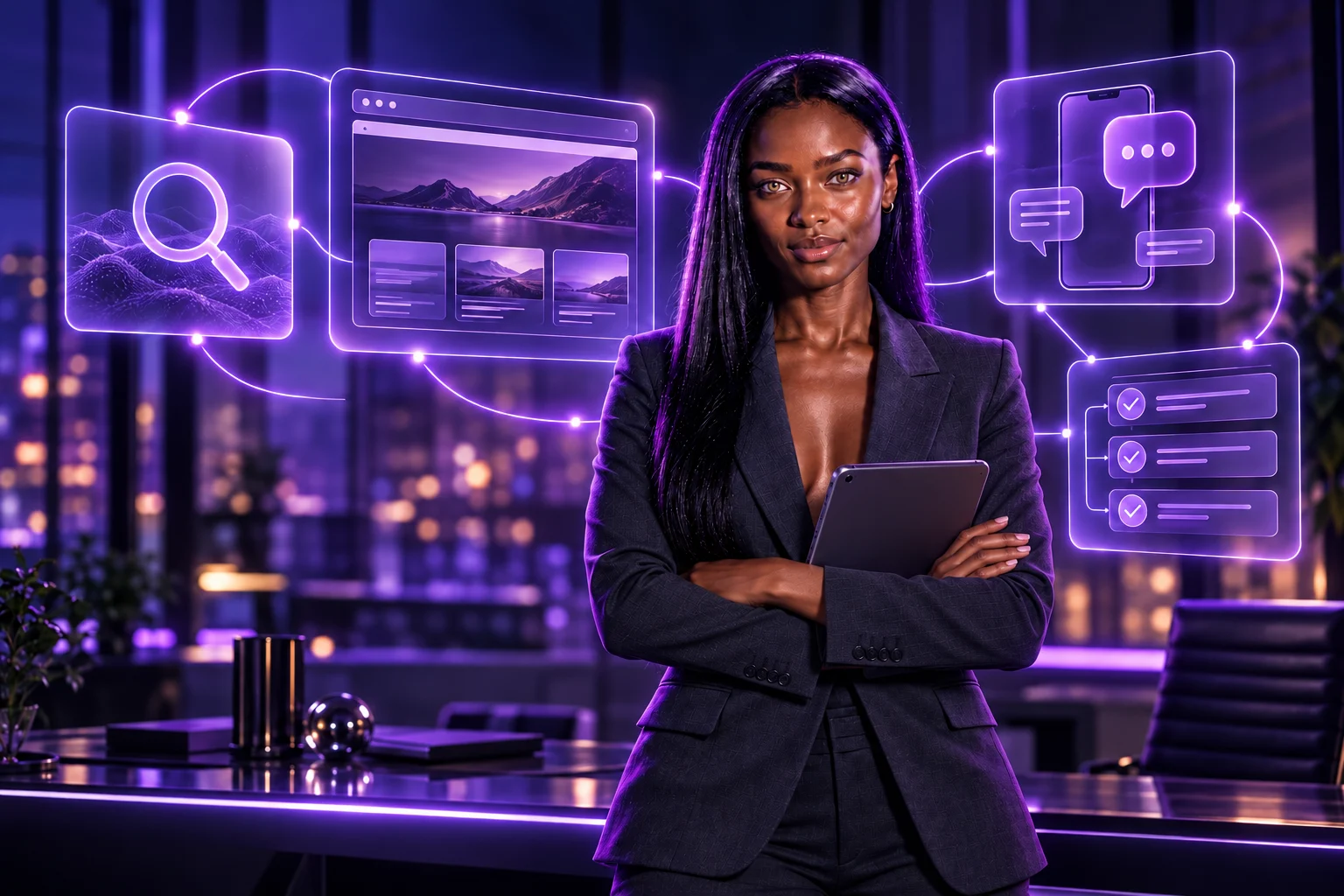 Ava, GSIGNR’s digital brand representative, presenting a connected purple marketing system with search, website, conversations, and follow-up