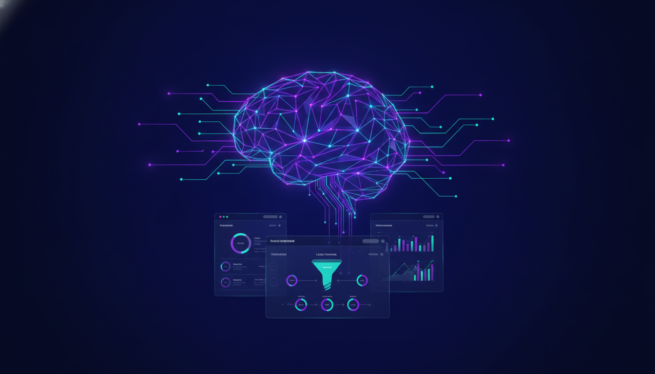 AI marketing dashboard with glowing lead generation network