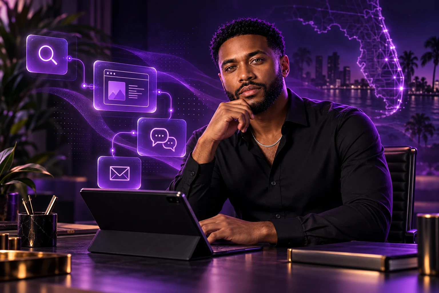 Daniel, GSIGNR’s digital brand representative, at a purple-lit strategy desk with connected marketing visuals